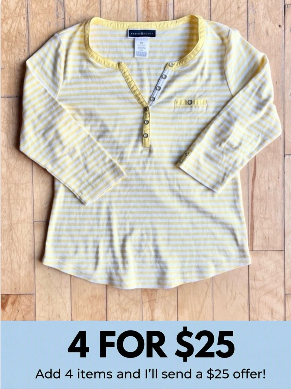 Karen Scott 100% Cotton Striped Henley Yellow & White Coastal Top Size Medium